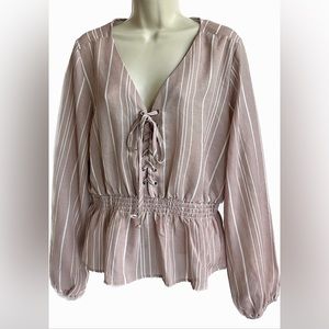 Lynn Ryan Long Sleeve Stripe Peplum Tie Front Top Size Large